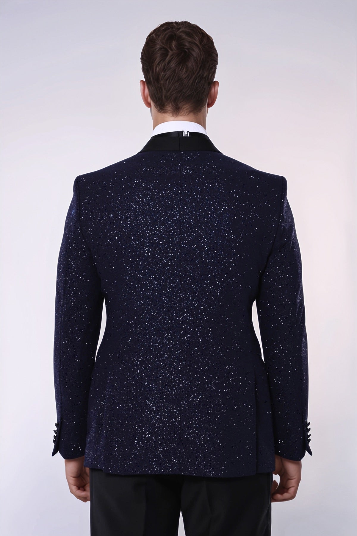 Shawl Lapel Navy Blue Men Sparkly Blazer - Wessi