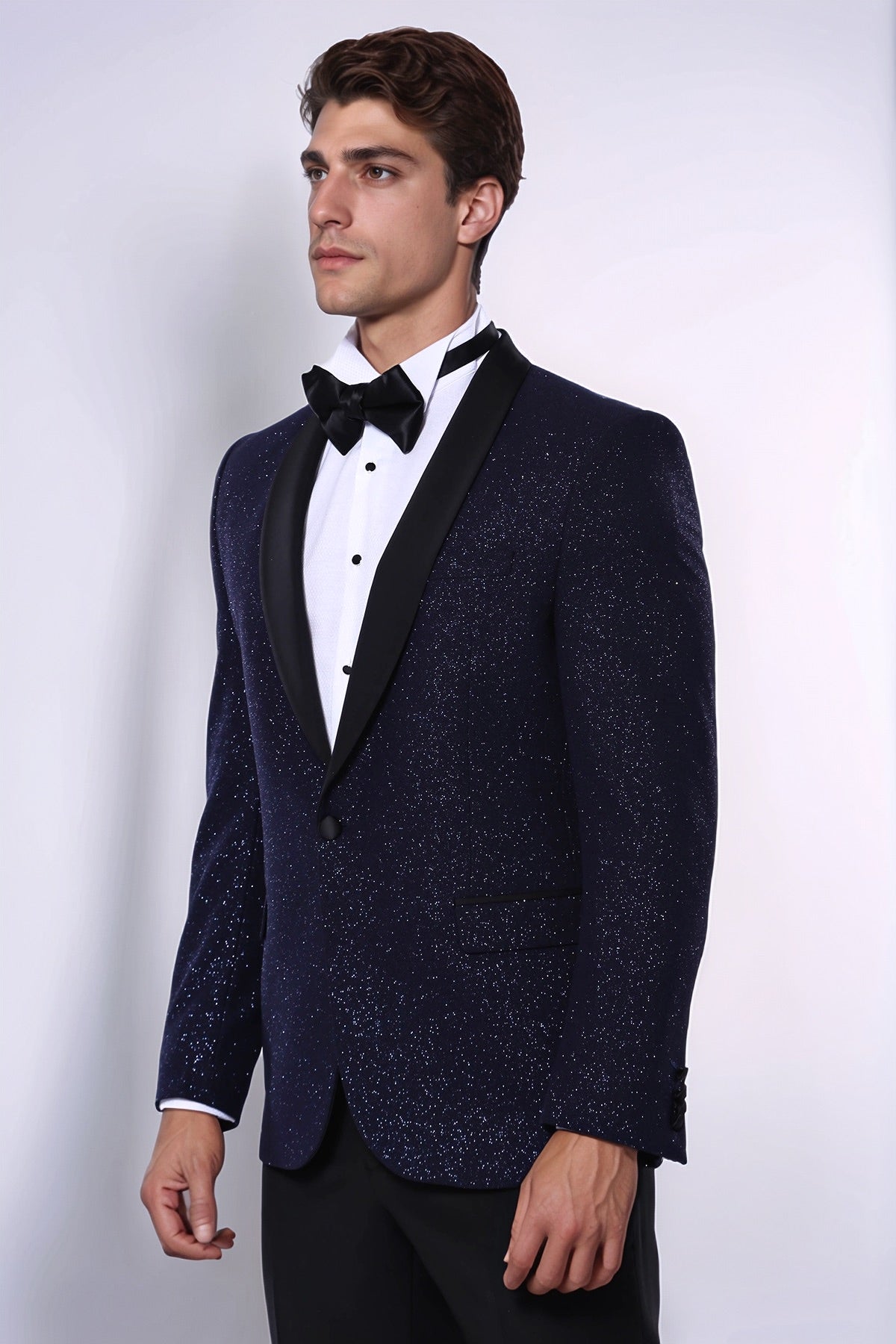 Shawl Lapel Navy Blue Men Sparkly Blazer - Wessi