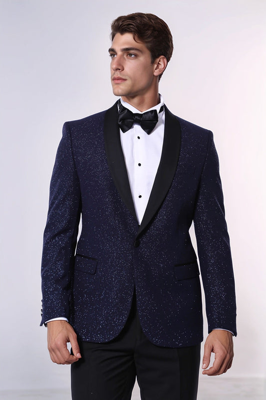 Shawl Lapel Navy Blue Men Sparkly Blazer - Wessi