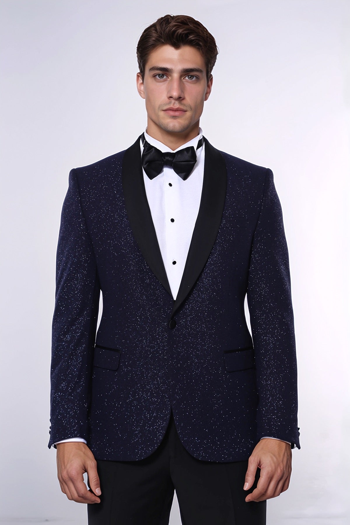 Shawl Lapel Navy Blue Men Sparkly Blazer - Wessi