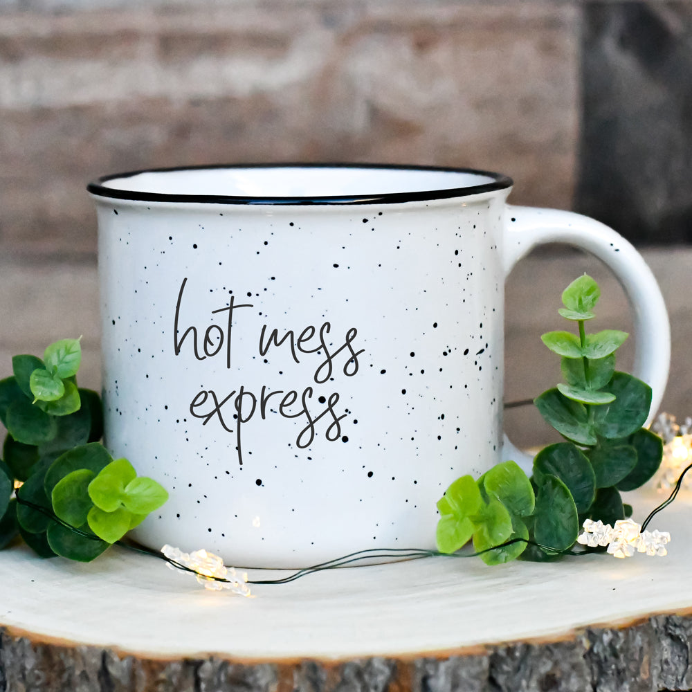 Hot Mess Express Übergroße Lagerfeuer-Tasse mit schwarzem Rand, Limited Edition, beidseitig bedruckt