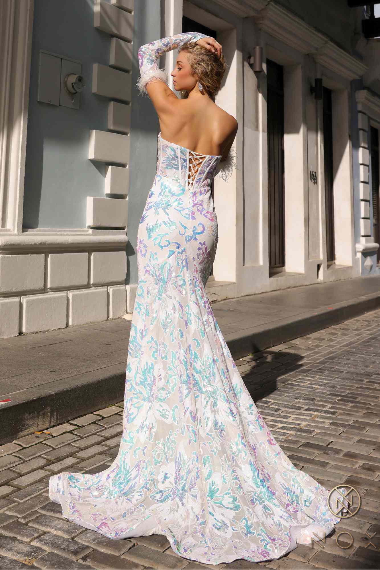 Nox Anabel D1269 Detachable Long Sleeves Floral Sequin Mermaid Gown