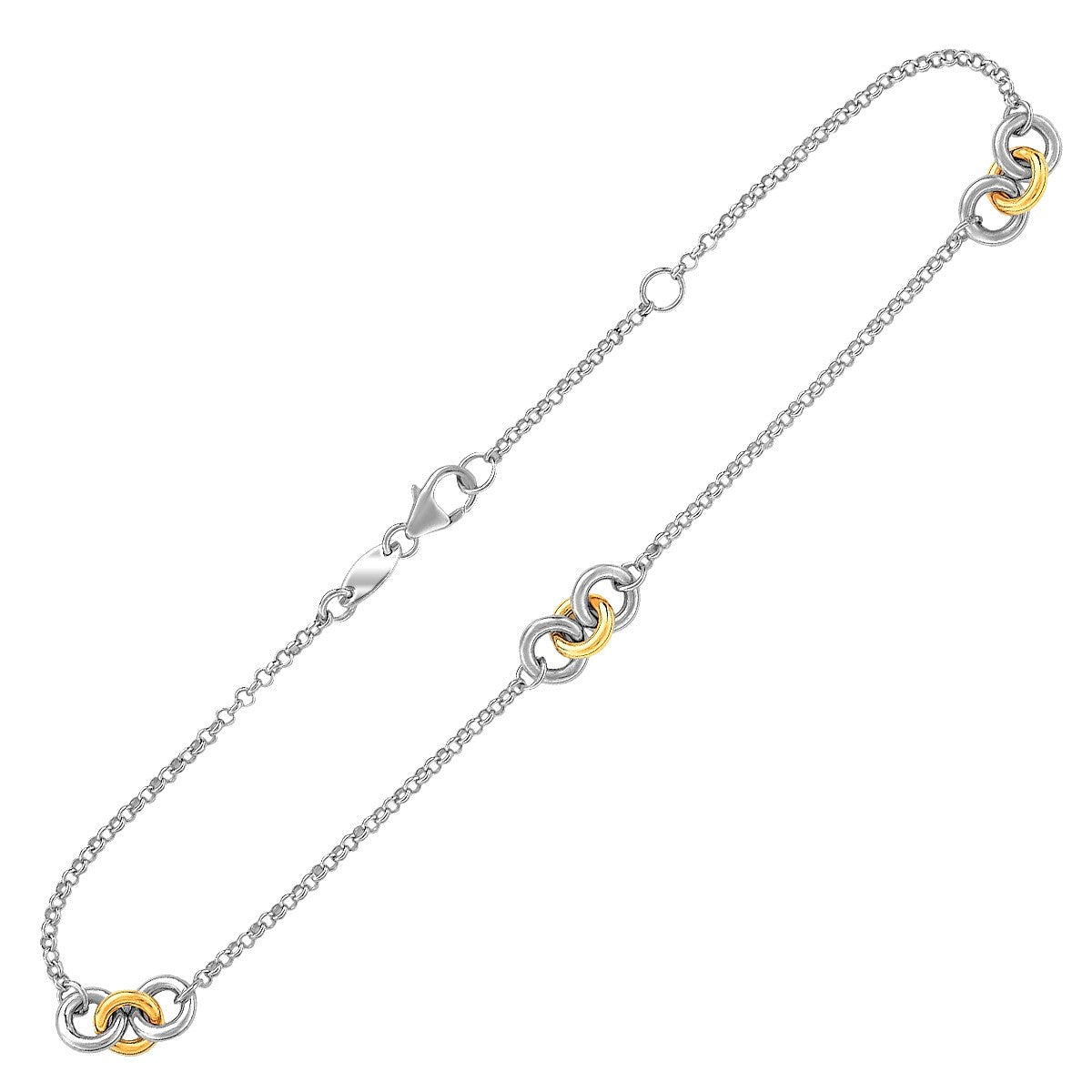 Fußkettchen aus 14 Karat Gelbgold und Sterlingsilber mit drei Ringstationen
