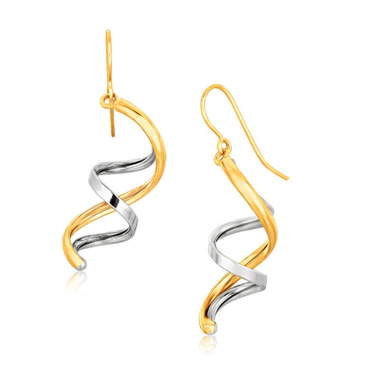 Boucles d'oreilles pendantes doubles hélices polies en or bicolore 14 carats