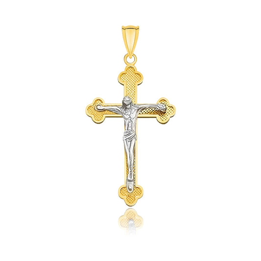 Pendentif en or deux tons 14 carats, petite croix de style fleuri avec figurine