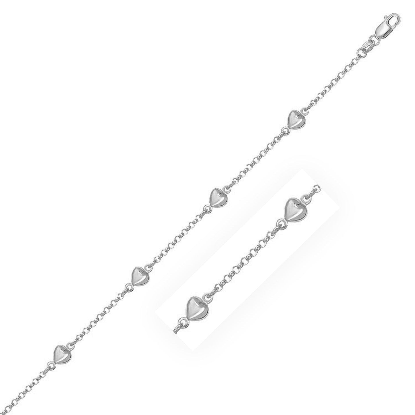 14k Weißgold Rolo-Kettenarmband mit aufgeblasenen Herz-Elementen (3.30 mm)