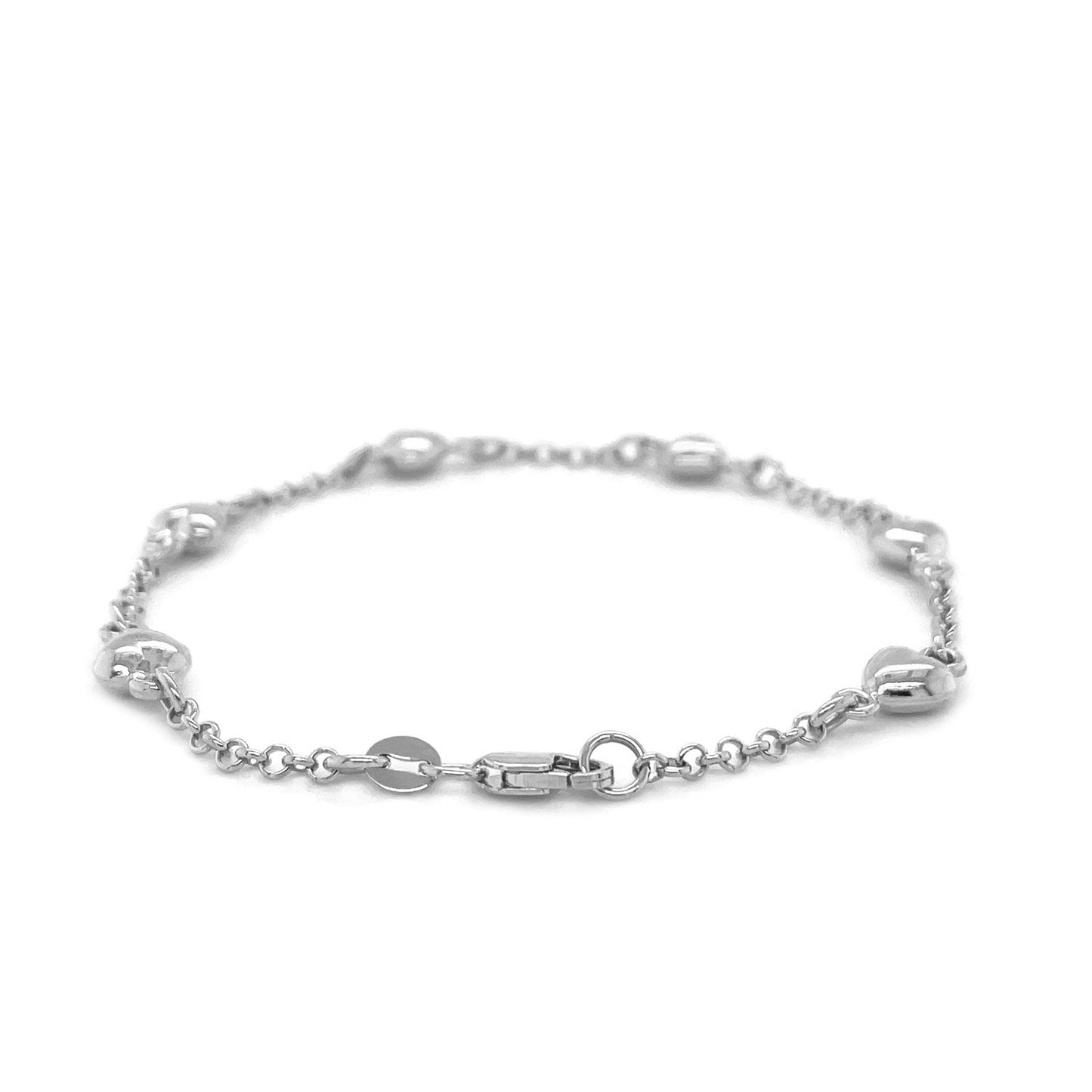 14k Weißgold Rolo-Kettenarmband mit aufgeblasenen Herz-Elementen (3.30 mm)