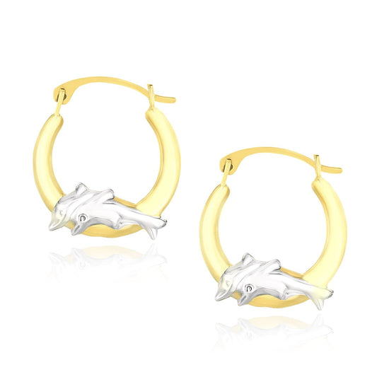 10 Karat zweifarbiges Gold runder, abgestufter Delphin-Design Creolen-Ohrringe