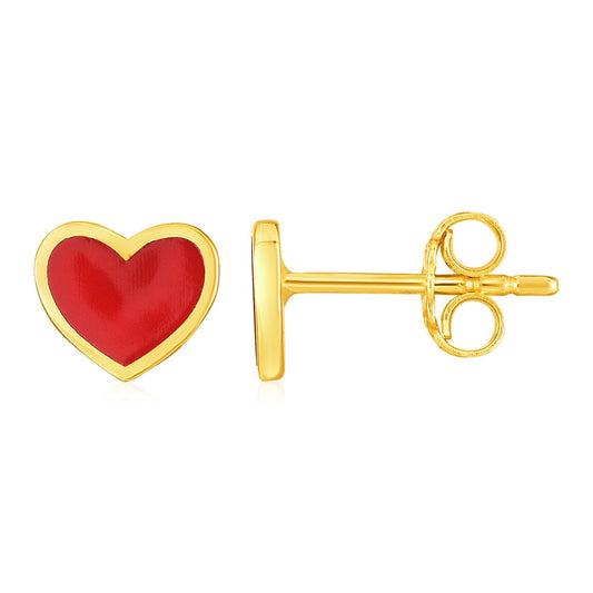 Ohrstecker aus 14 Karat Gelbgold und Emaille mit rotem Herzmotiv