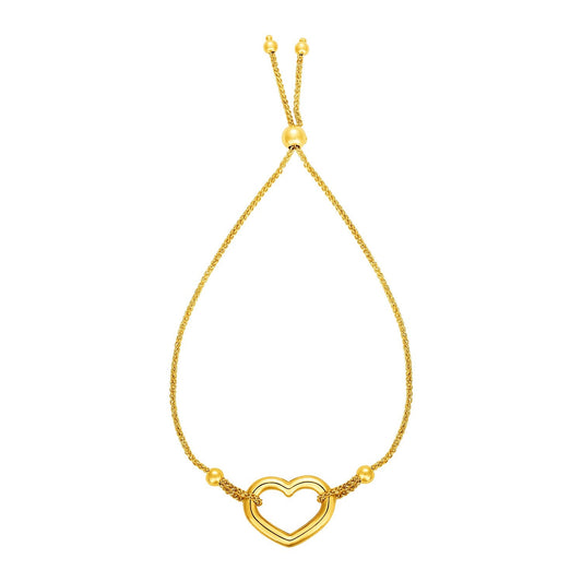 Verstellbares Armband mit glänzendem, offenem Herz aus 14 Karat Gelbgold (1,00 mm)
