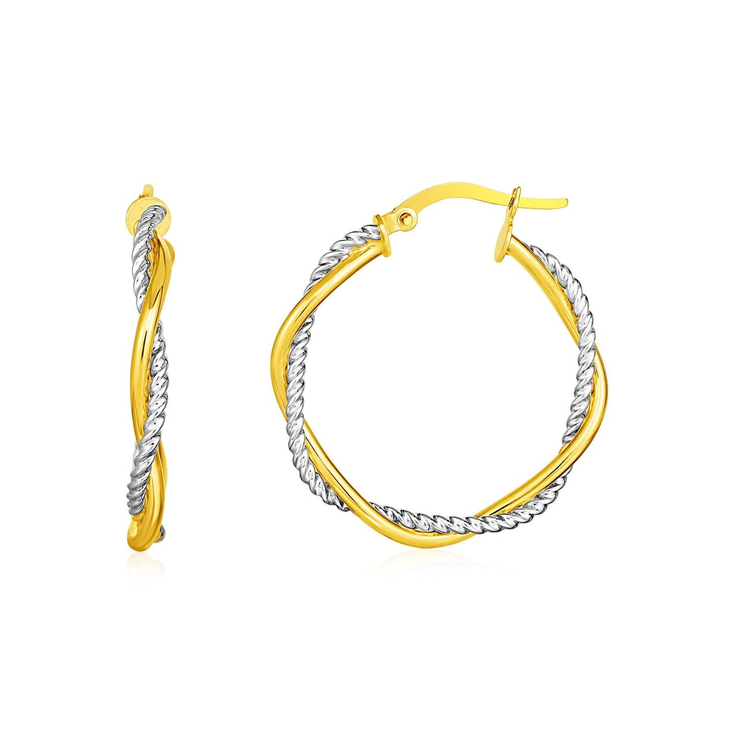 Boucles d'oreilles créoles torsadées rondes texturées bicolores or jaune et blanc 14 carats