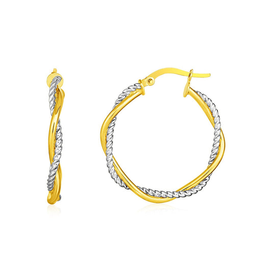 14 Karat Gelb- und Weißgold, zweiteilige, strukturierte, gedrehte, runde Kreolenohrringe (3x23mm)