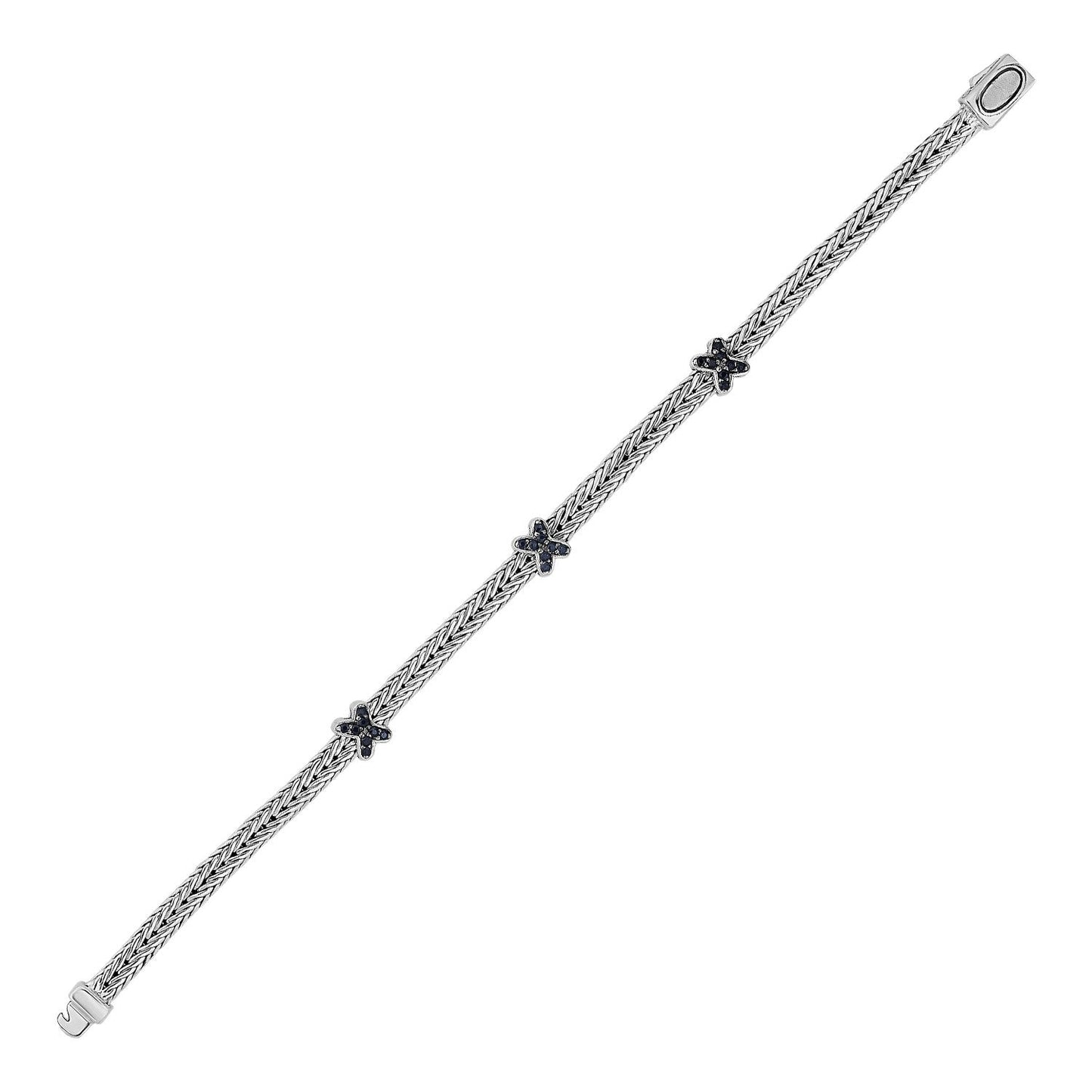Geflochtenes Seilarmband mit schwarzen Saphir-X-Akzenten in Sterlingsilber
