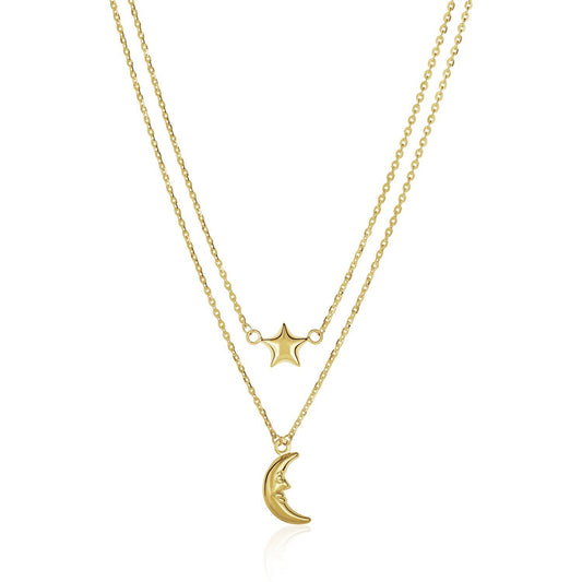 Halskette aus 14 Karat Gelbgold mit doppelreihiger Kette und Puff-Mond und Stern