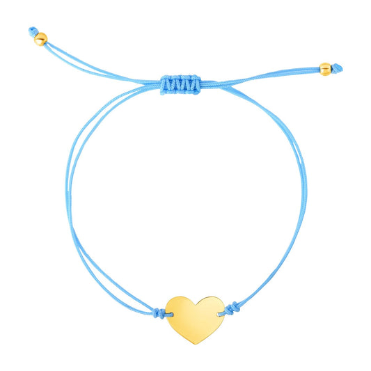 9 1/4 Zoll blaues, verstellbares Kordelarmband mit 14 Karat Gelbgold-Herz