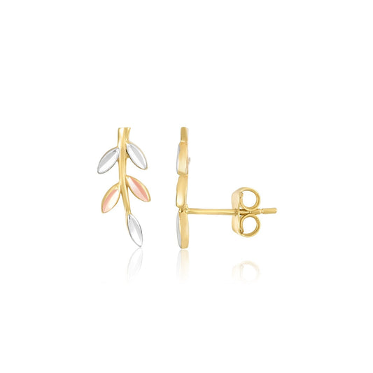 Boucles d'oreilles clous de style « grimpeur » en or tricolore 14 carats motif rameau