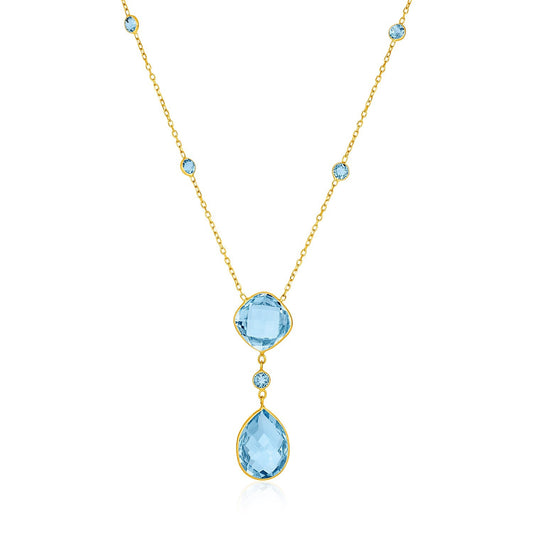 Halskette aus 14 Karat Gelbgold mit tropfenförmigen und kissenförmigen Briolettes aus blauem Topas