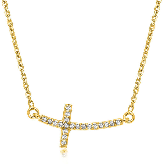 Halskette aus 14 Karat Gelbgold mit Diamanten und geschwungenem Kreuz (.11cttw)