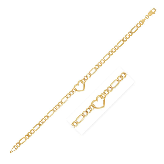 14 Karat Gelbgold 7 Zoll Figaro-Kettenarmband mit Herz (4,50 mm)
