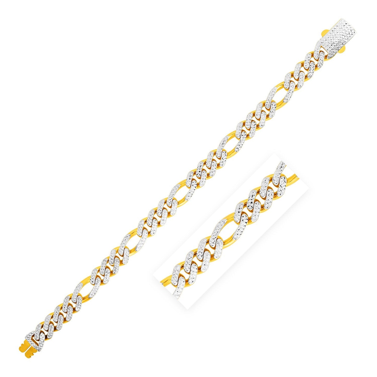 Bracelet Figaro Lite moderne en or jaune 14 carats, pavé blanc, très poli (9,5 mm)