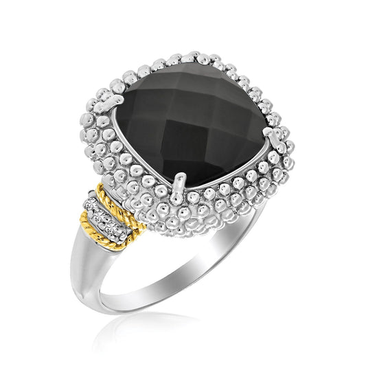 18 Karat Gelbgold & Sterlingsilber schwarzer Onyx und Diamant Popcorn Kissenring
