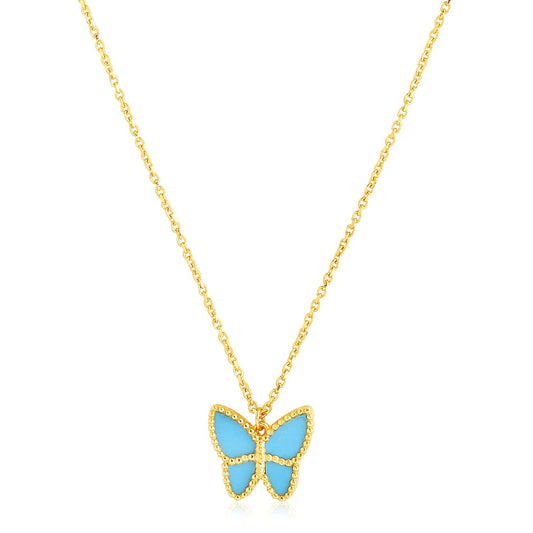 14k Gelbgold hochglanzpolierter Schmetterlings-Halskette mit Türkispaste