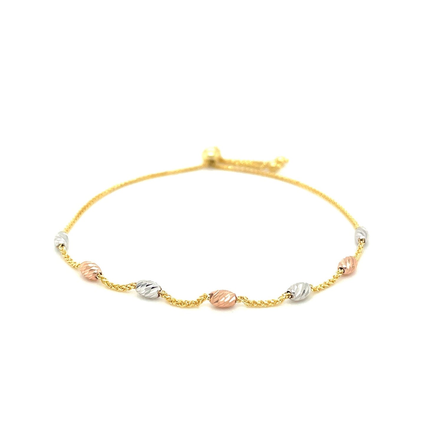 14k Tricolor-Gold Strukturiertes Ovales Stationen-Lariat-Armband (1,20 mm)