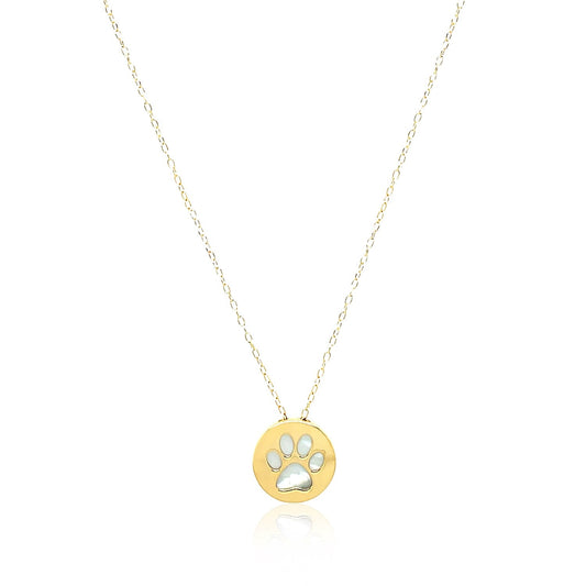 14k Yellow Gold Necklace with Dog Paw Print Symbol in Mother of Pearl - ThisandThatShoppe