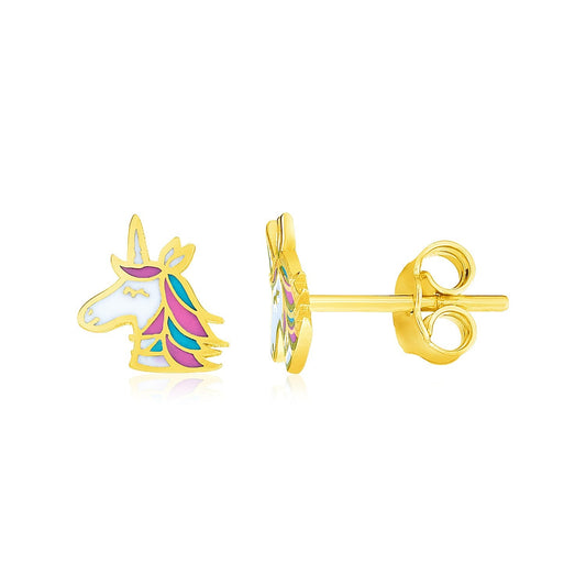 14 Karat Gelbgold Einhorn-Kinderohrringe mit Emaille