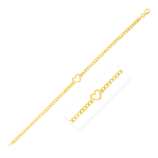 Bracelet chaîne maille gourmette 14 carats or jaune 7 pouces avec cœur