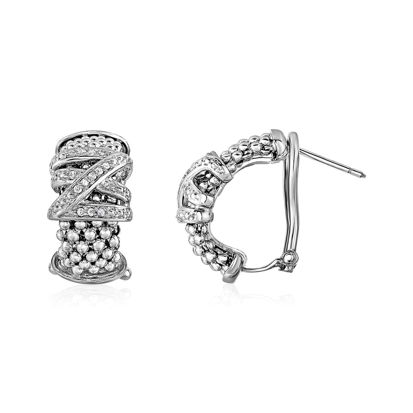 Boucles d'oreilles Texture Popcorn avec motif croisé et diamants en argent sterling
