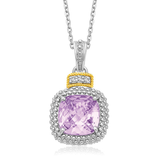 Anhänger aus 18 Karat Gelbgold und Sterlingsilber mit Kissen-Amethyst und Diamanten