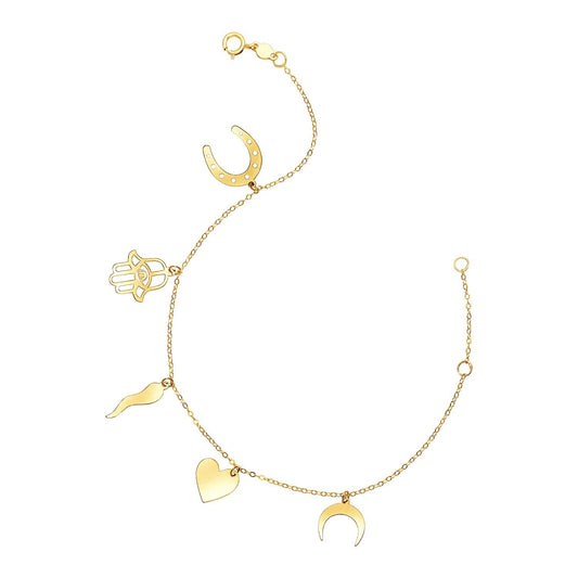 Bracelet en or jaune 14 carats de 17,78 cm avec breloques polies