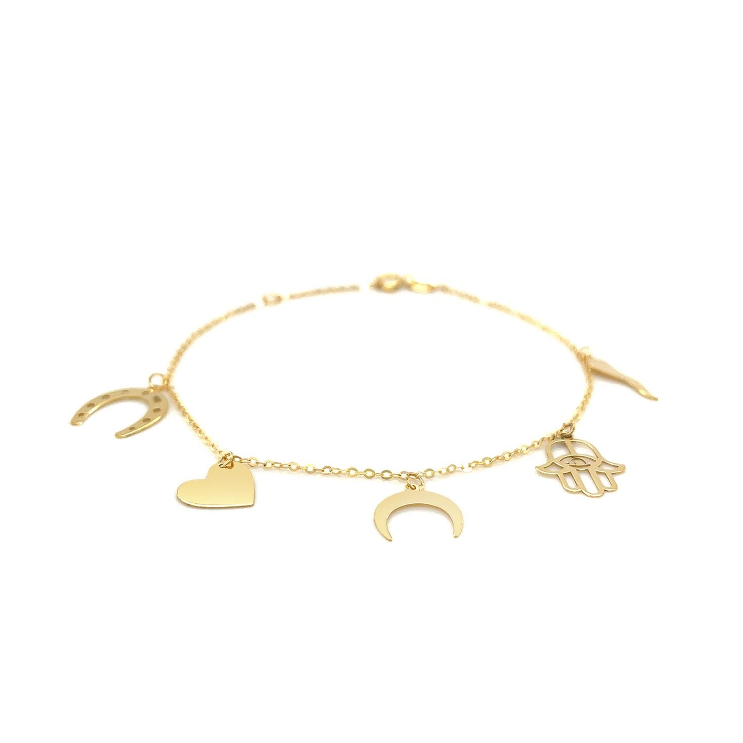 Bracelet en or jaune 14 carats de 17,78 cm avec breloques polies