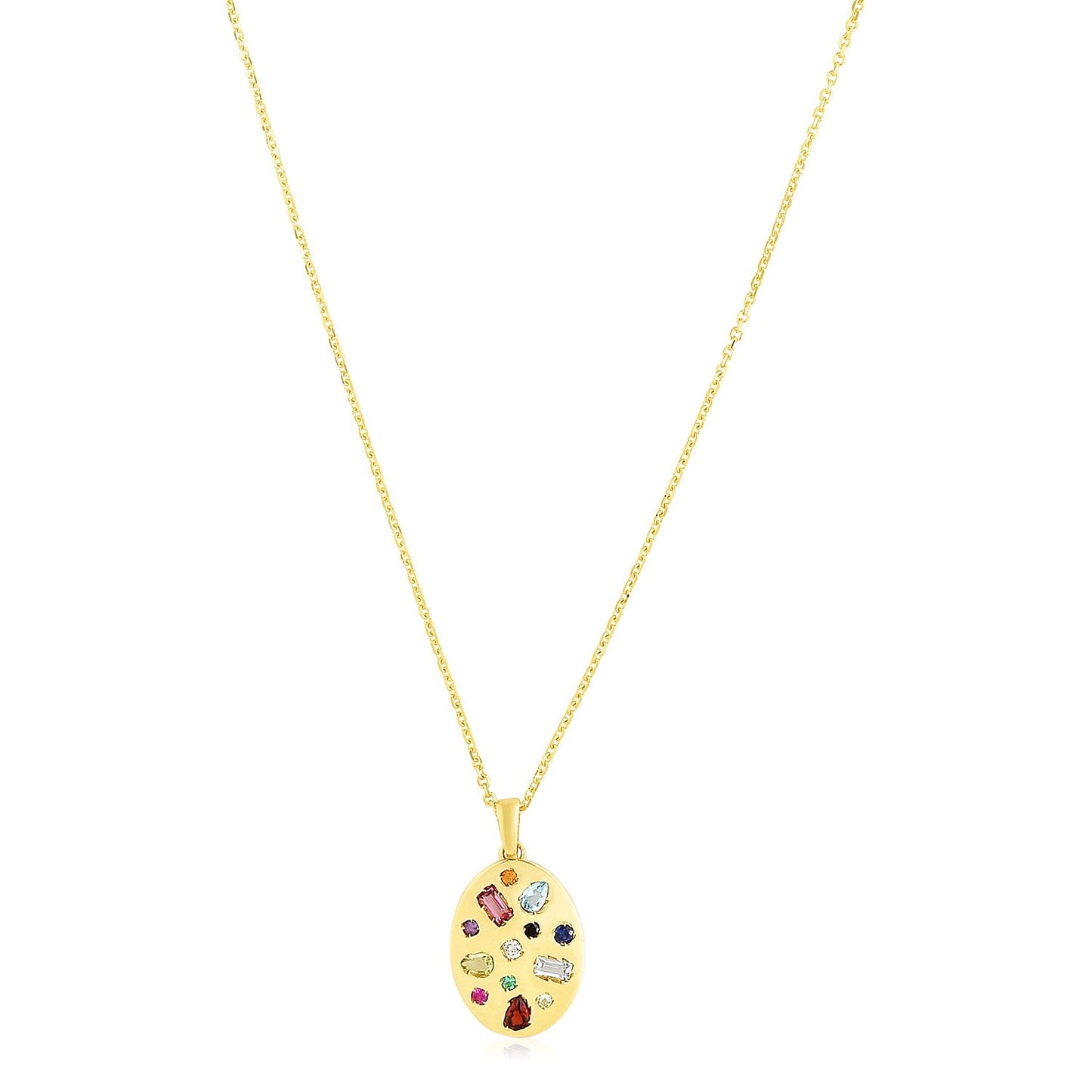 Collier en or jaune 14 carats, incrustation de pierres précieuses ovales, finition polie