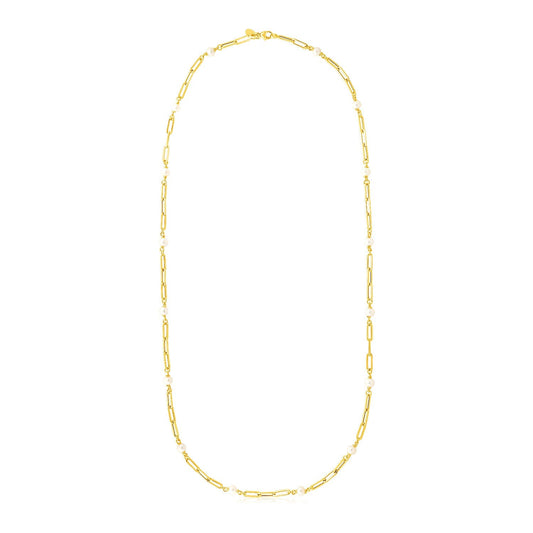 Halskette aus 14 Karat Gelbgold mit Büroklammer-Gliedern und Perlen