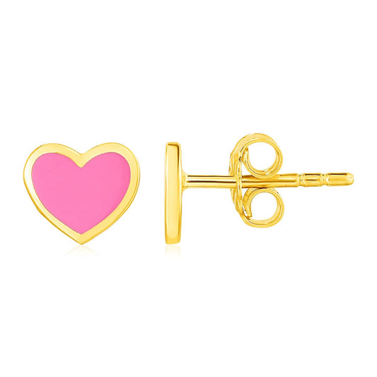 14k Gelbgold und Emaille Ohrstecker mit pinkfarbenem Herz