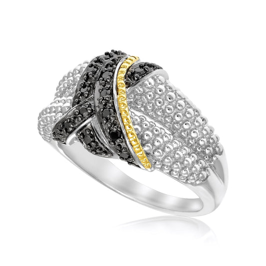 18 Karat Gelbgold & Sterlingsilber verschlungener Popcorn-Ring mit schwarzen Diamanten