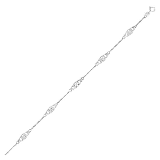Bracelet de cheville en or blanc 14 carats avec stations en filigrane fantaisie en forme de diamant