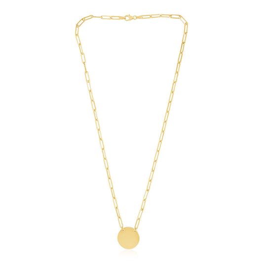 Collier à maillons trombone avec disque circulaire poli en or jaune 14 carats