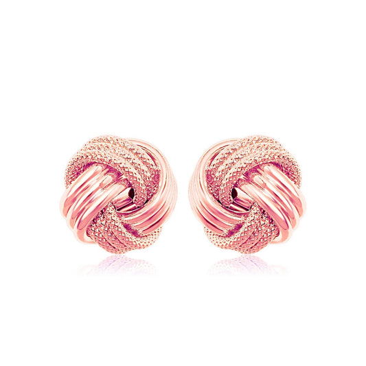 Boucles d'oreilles nœud d'amour en or rose 14 carats texturé nervuré