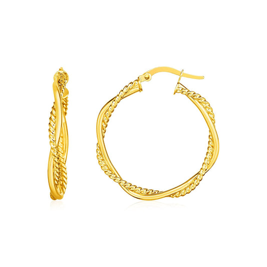 14k Gelbgold, zweiteilige, strukturierte, gedrehte, runde Creolen