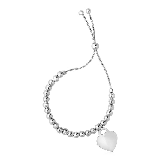 Verstellbares glänzendes Perlenarmband mit Herzanhänger aus Sterlingsilber (1,30 mm)