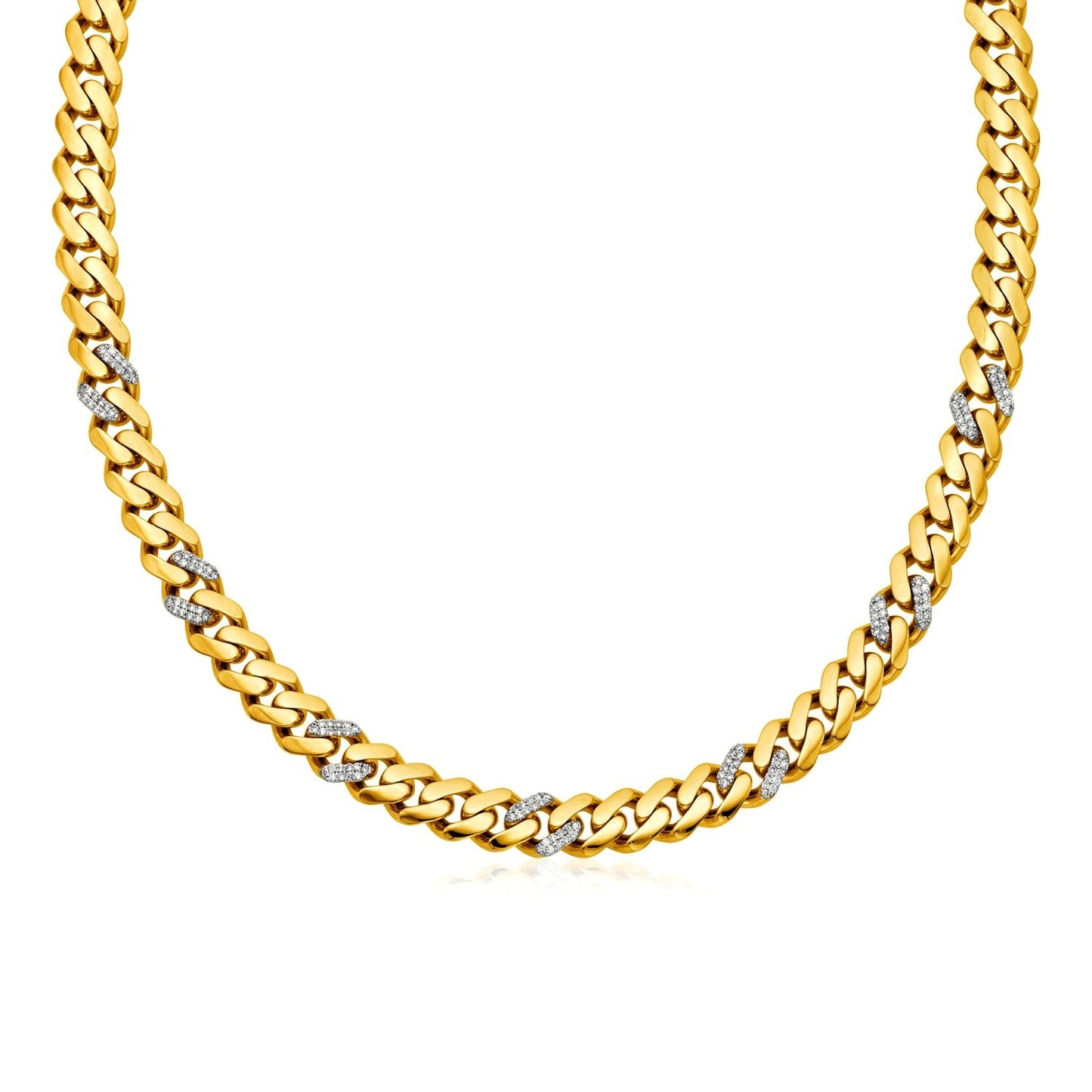 Collier en or jaune 14 carats, chaîne maille gourmette polie 45,7 cm avec diamants