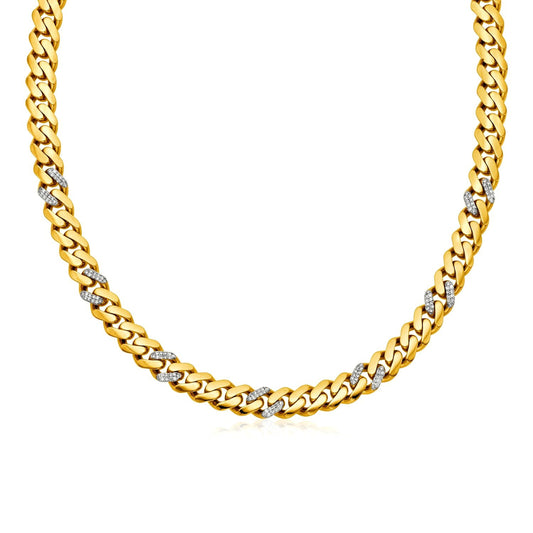 Collier en or jaune 14 carats, chaîne maille gourmette polie 45,7 cm avec diamants