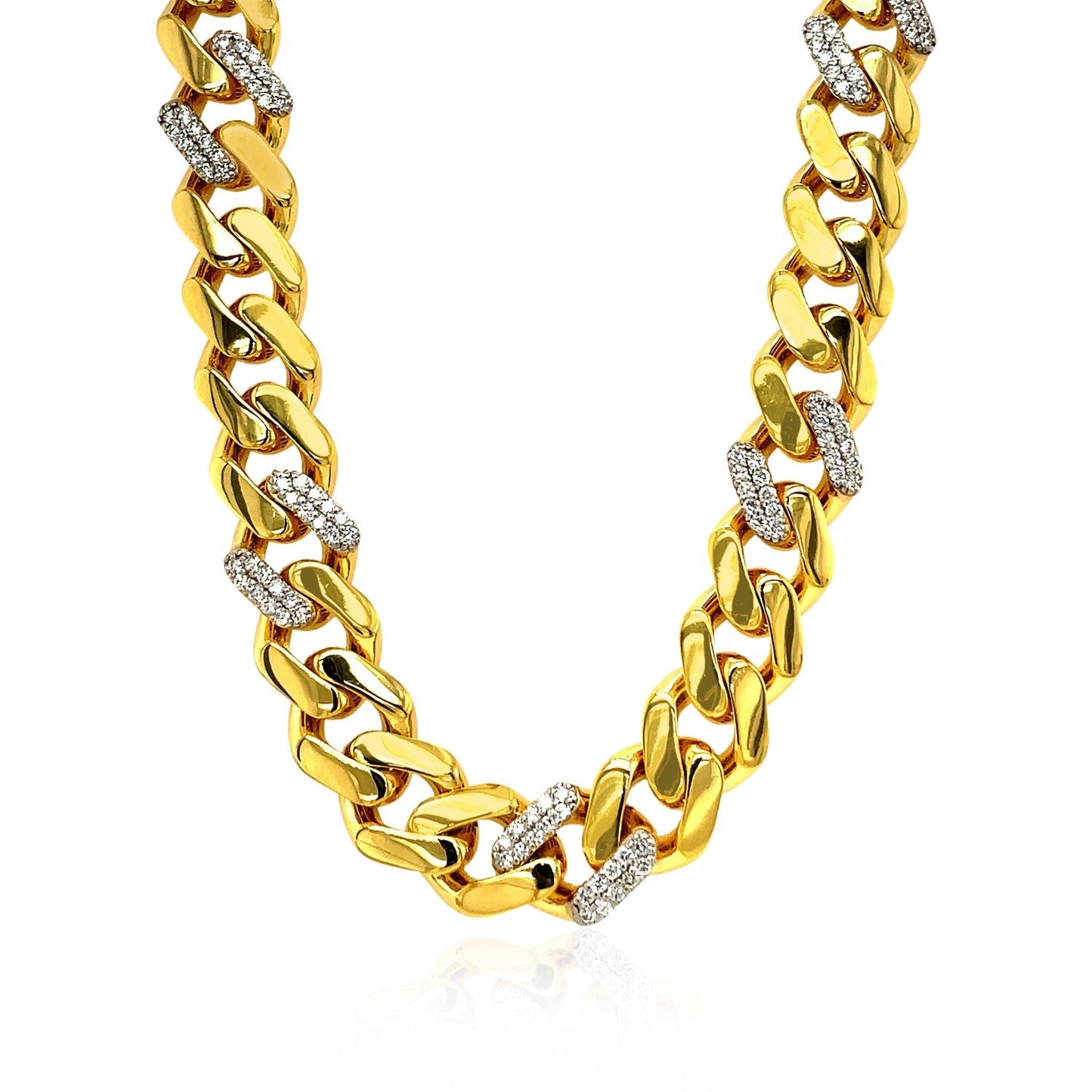 Collier en or jaune 14 carats, chaîne maille gourmette polie 45,7 cm avec diamants