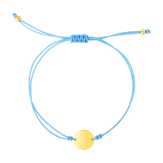 Bracelet ajustable en cordon bleu de 9,25 pouces avec cercle en or jaune 14 carats
