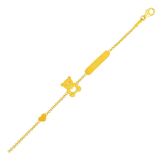 Bracelet enfant en or jaune 14 carats avec cœur, ourson et barre
