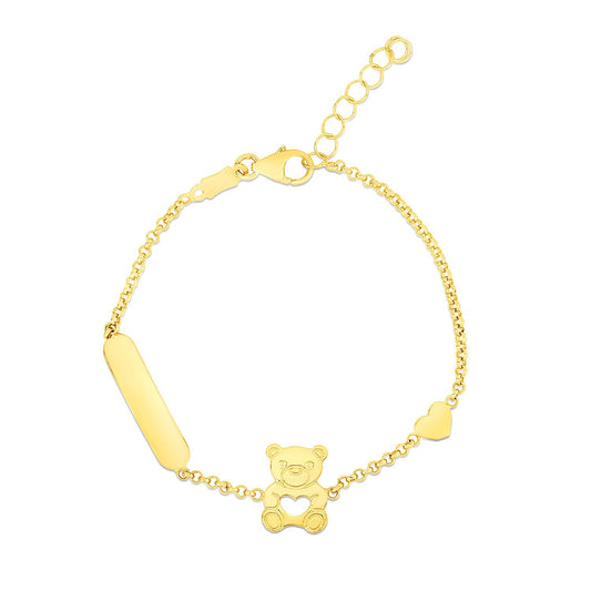 14k Yellow Gold Childrens Bracelet with Teddy Bear Heart and Bar - ThisandThatShoppe