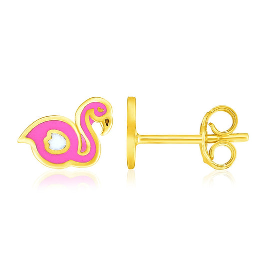 14 Karat Gelbgold emaillierte Flamingo-Kinderohrringe